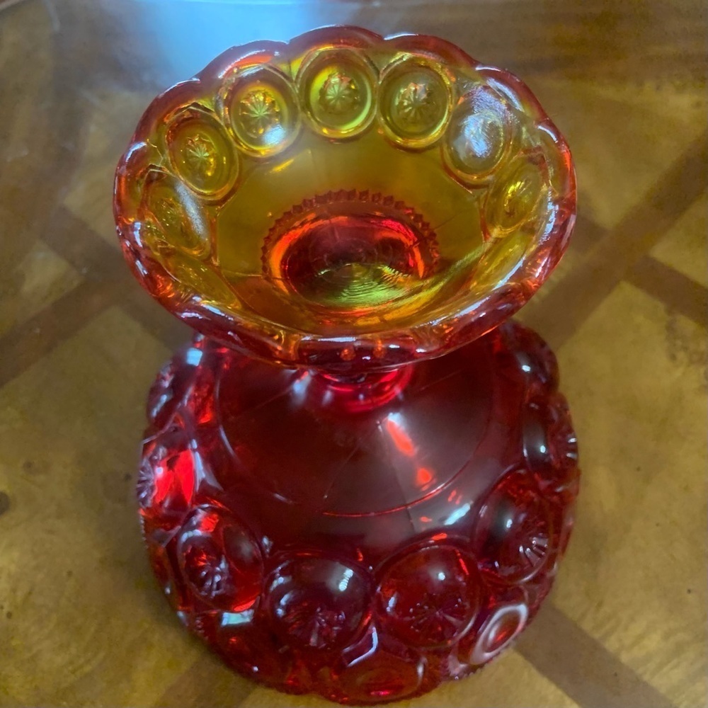 Vintage Mid Century Modern Moon & Stars Red Amberina Glass Round Pedestal Bowl - Picture 9 of 11